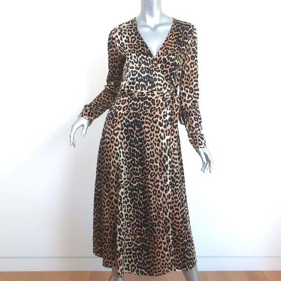 Ganni Dresses & Skirts - Ganni Dufort Midi Wrap Dress Leopard Print Stretch Silk Satin Size 36
